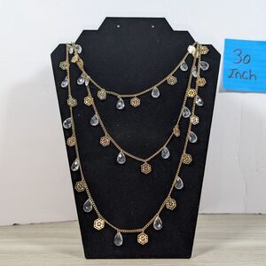 Gold Tone Layered Charm Necklace Crystal Teardrop Dangle Boho 30 Inch